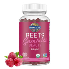Garden of Life frasco frontal de BEETS gomitas con etiquetas claras y beneficios
