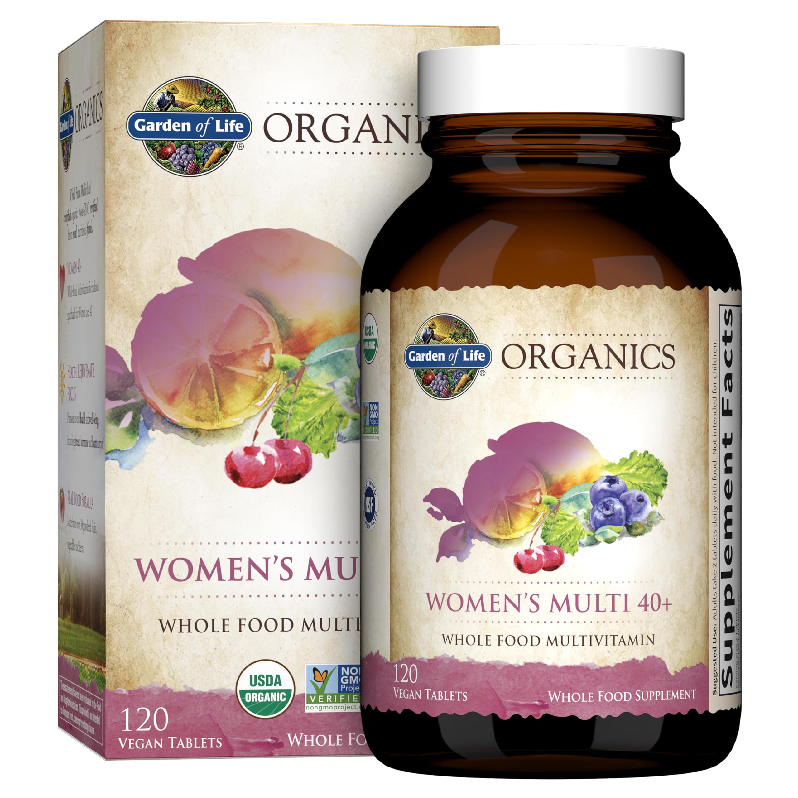 Garden of Life botella frontal mostrando etiqueta orgánica y beneficio de confianza