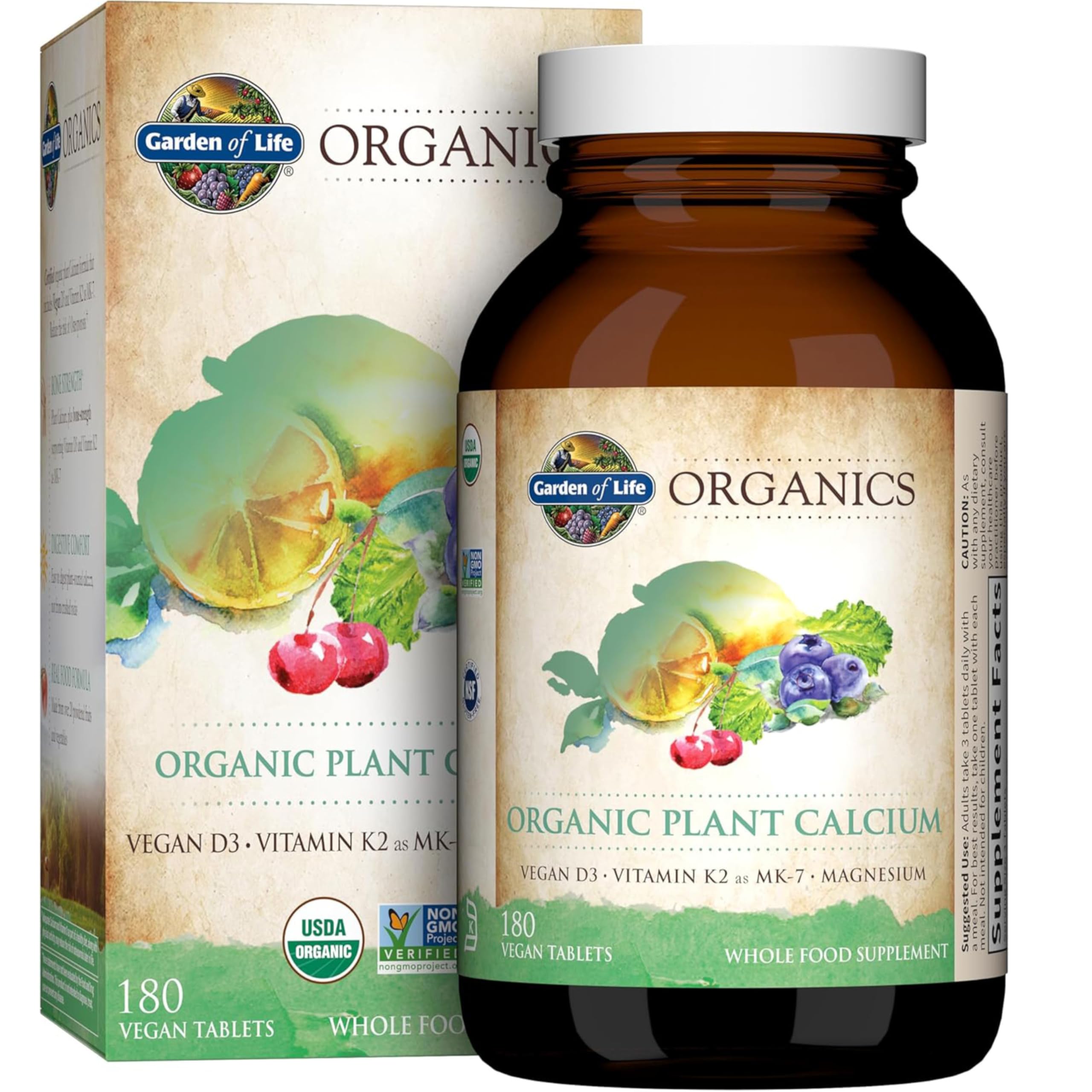 Garden of Life envase frontal del calcio vegetal mostrando beneficios