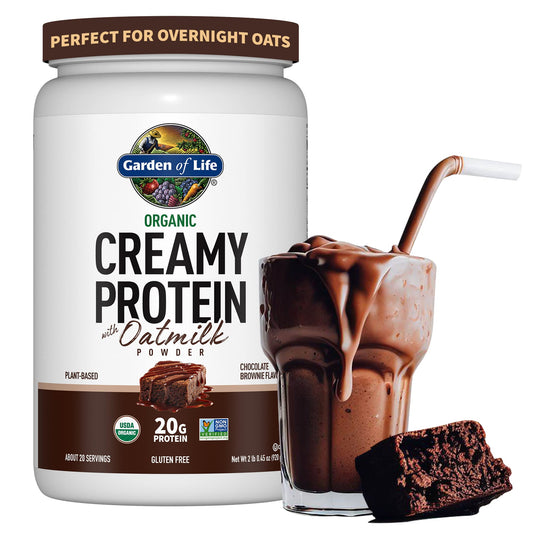 Garden of Life envase frontal mostrando sabor Chocolate Brownie y beneficios
