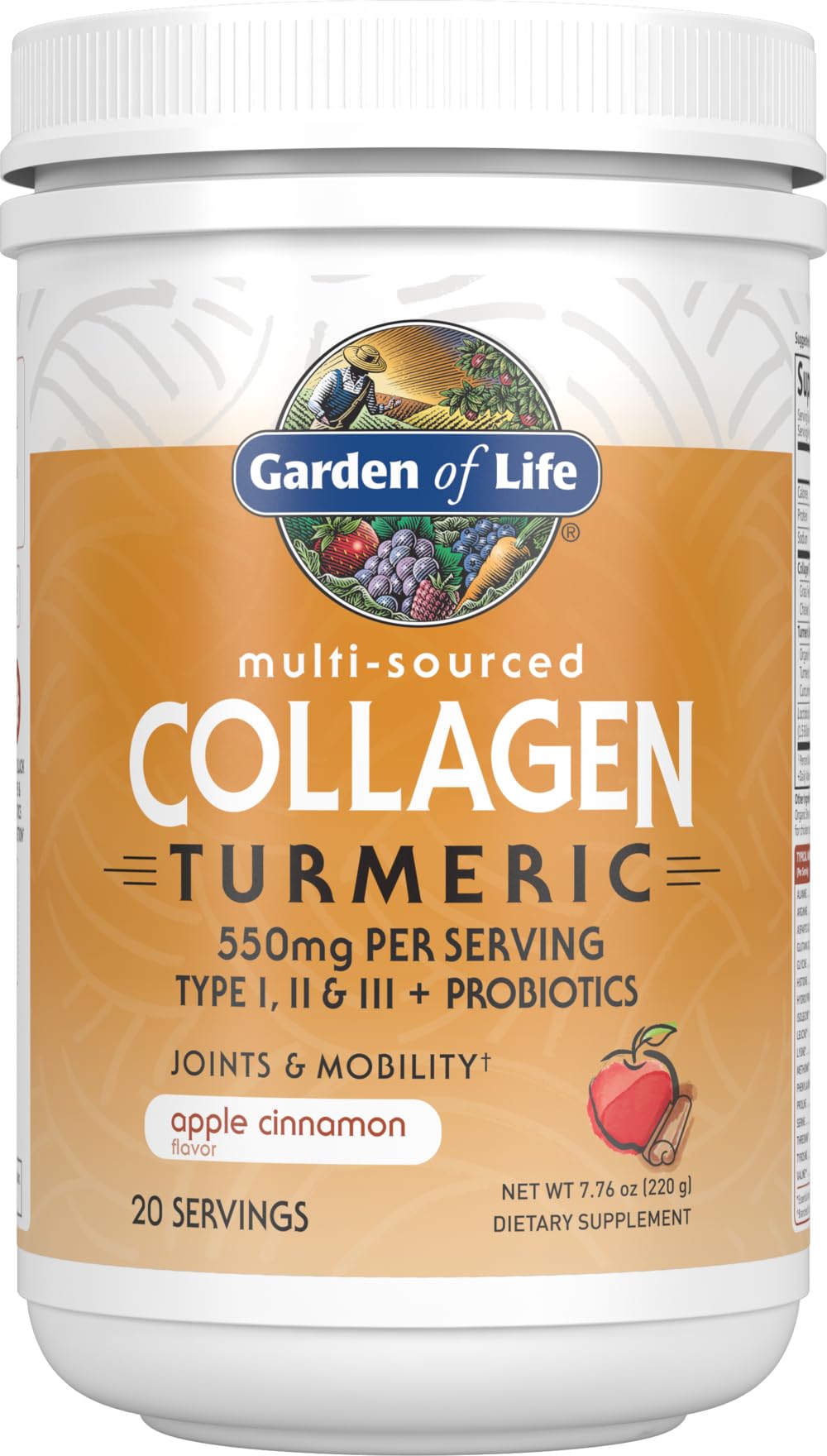 Garden of Life envase frontal mostrando sabor manzana canela y beneficios