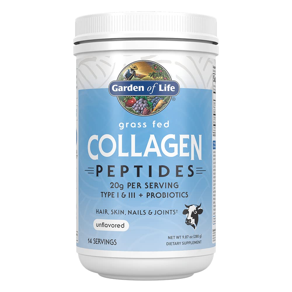 Garden of Life envase frontal de colágeno sin sabor mostrando la marca y beneficio proteico