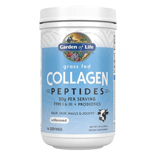 Garden of Life envase frontal de colágeno sin sabor mostrando la marca y beneficio proteico