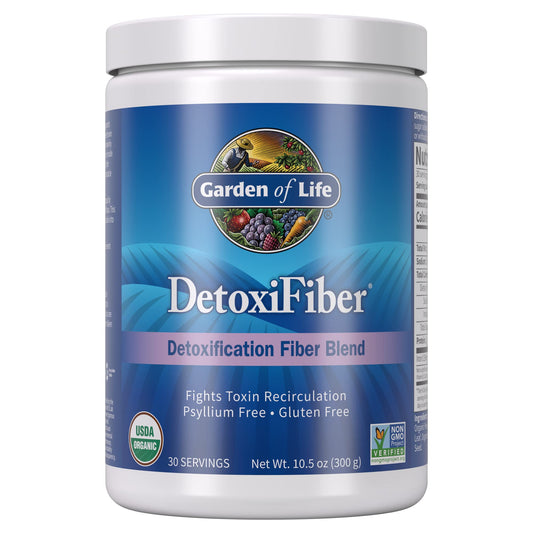 Garden of Life envase Detoxifiber al frente mostrando etiqueta y beneficios
