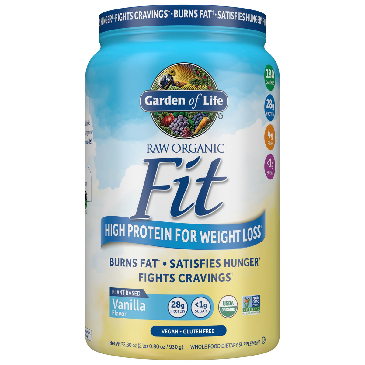 Garden of Life envase frontal Raw Organic Fit mostrando la marca y beneficio nutricional