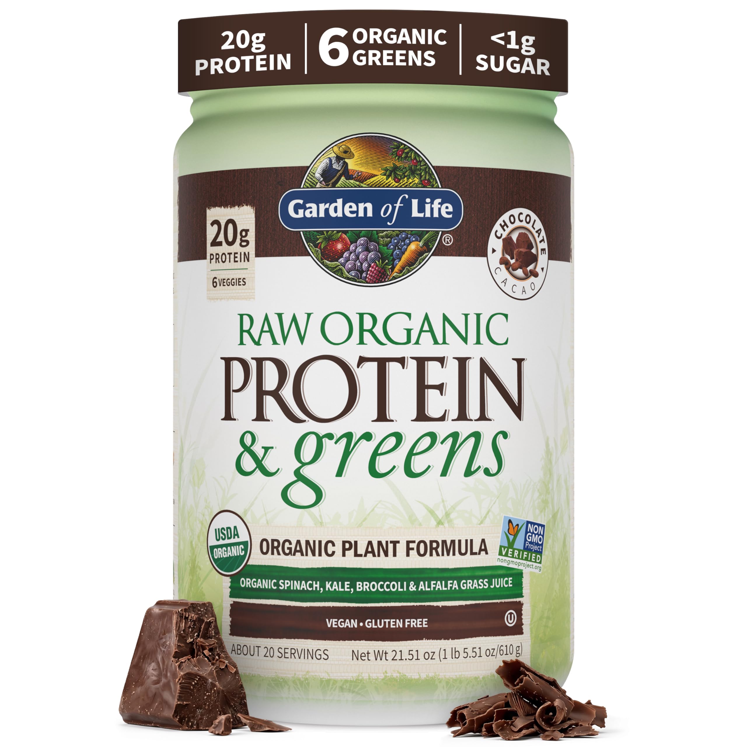 Garden of Life envase frontal chocolate que muestra etiquetas orgánicas y beneficios