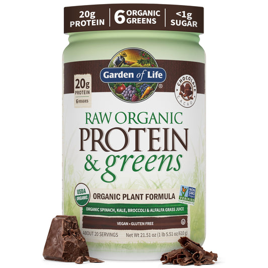 Garden of Life envase frontal chocolate que muestra etiquetas orgánicas y beneficios
