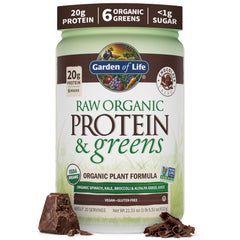 Garden of Life envase frontal chocolate que muestra etiquetas orgánicas y beneficios