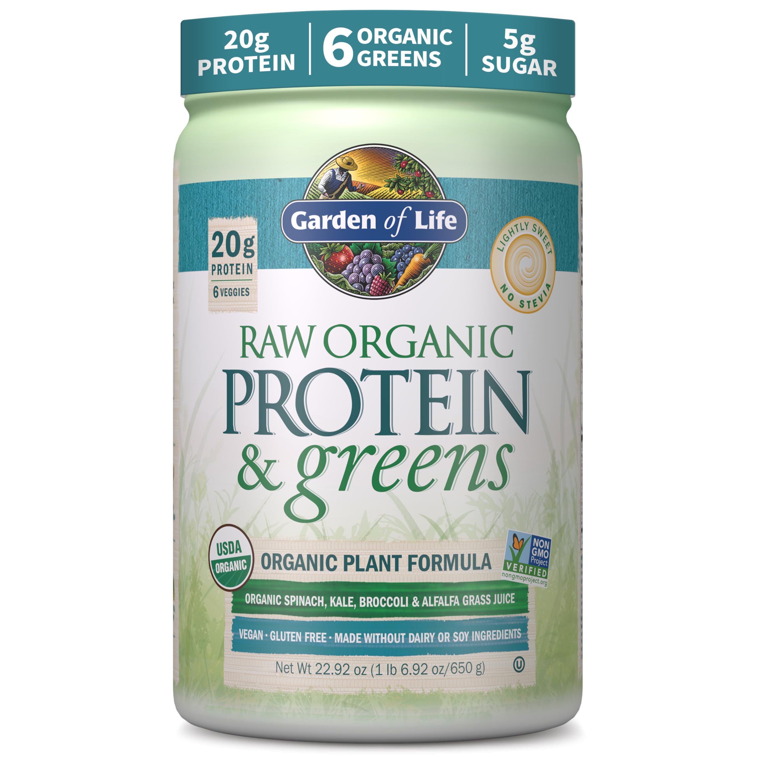 Garden of Life envase frontal RAW Protein & Greens mostrando diseño y tamaño útil