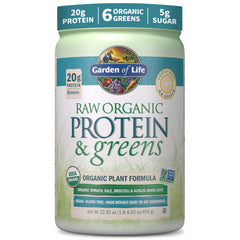 Garden of Life envase frontal RAW Protein & Greens mostrando diseño y tamaño útil