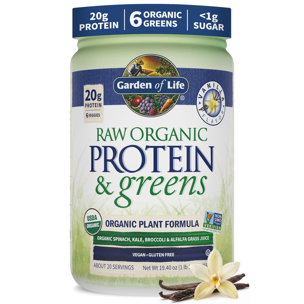 Garden of Life envase frontal vainilla, vista clara y certificaciones visibles