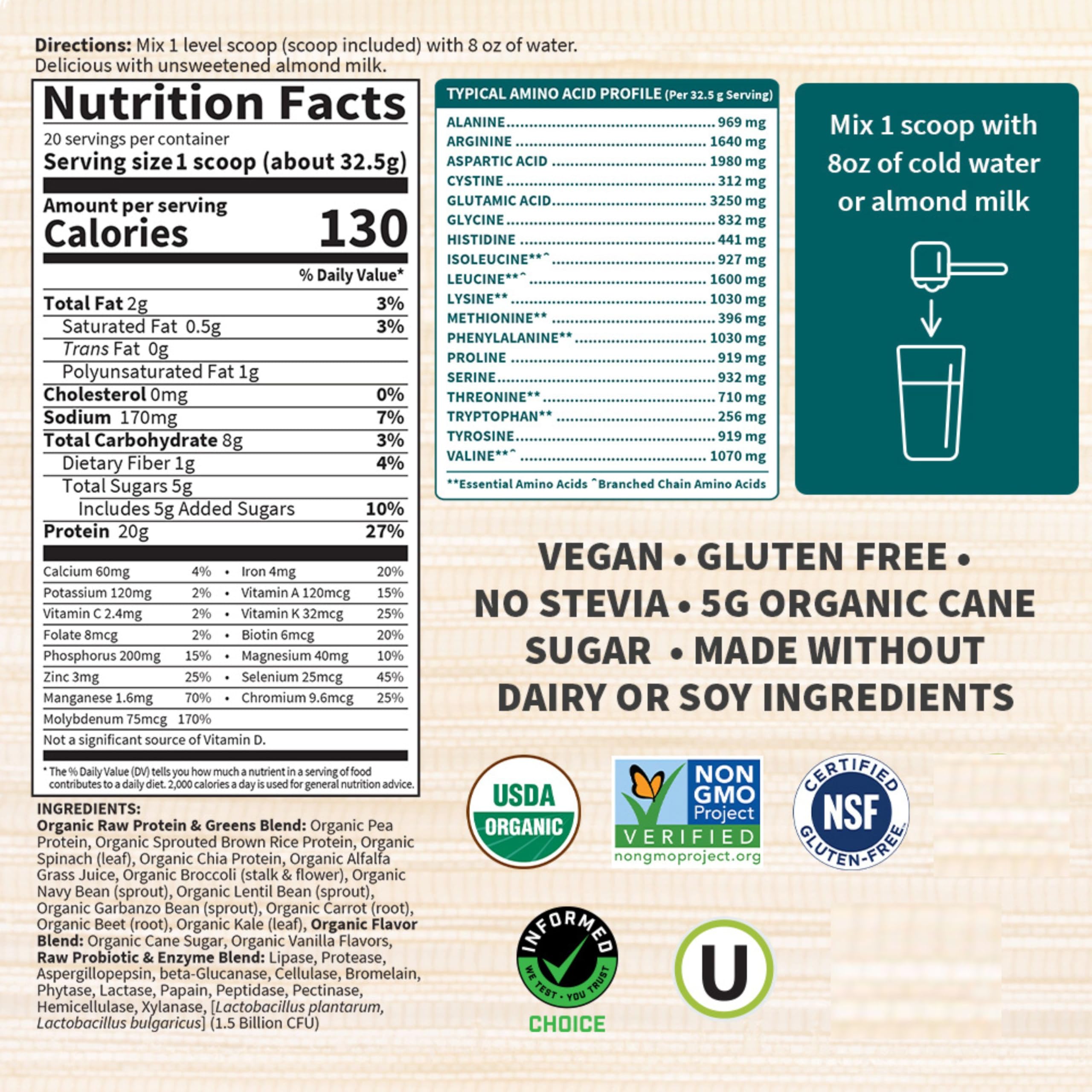 Garden of Life etiqueta con certificaciones USDA Organic y Non-GMO para confianza