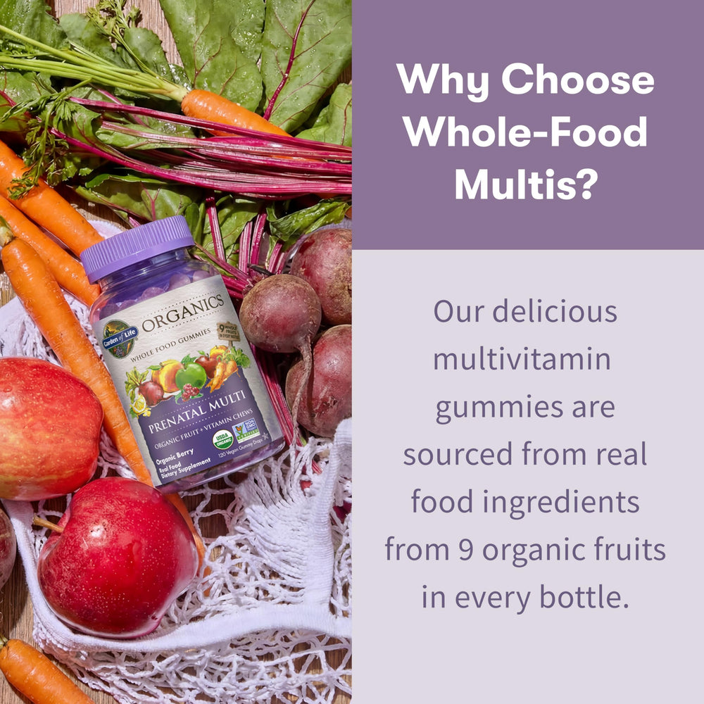 Garden of Life etiqueta con lista de ingredientes y sellos orgánico y sin OGM