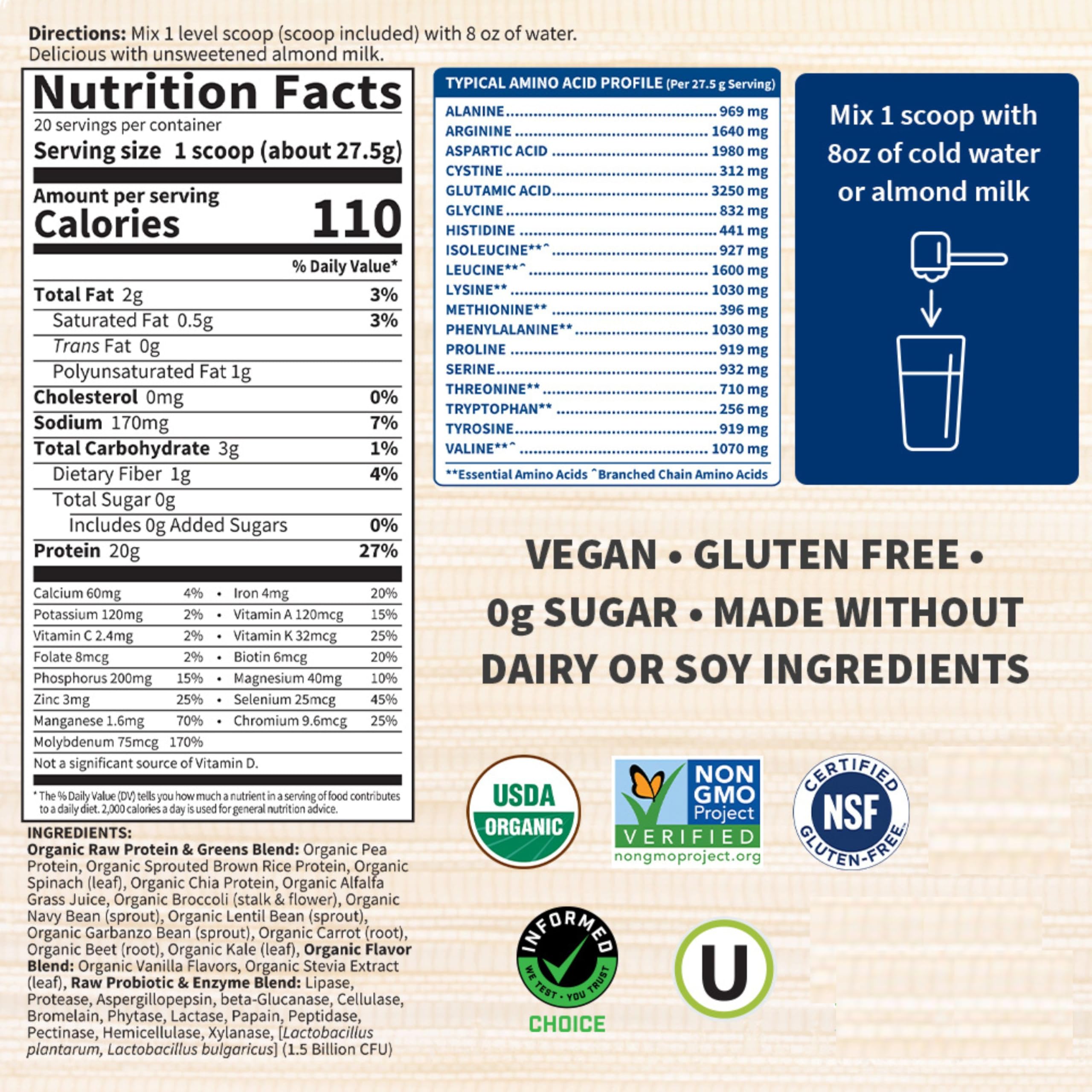 Garden of Life etiqueta con ingredientes y certificaciones, transparencia y confianza