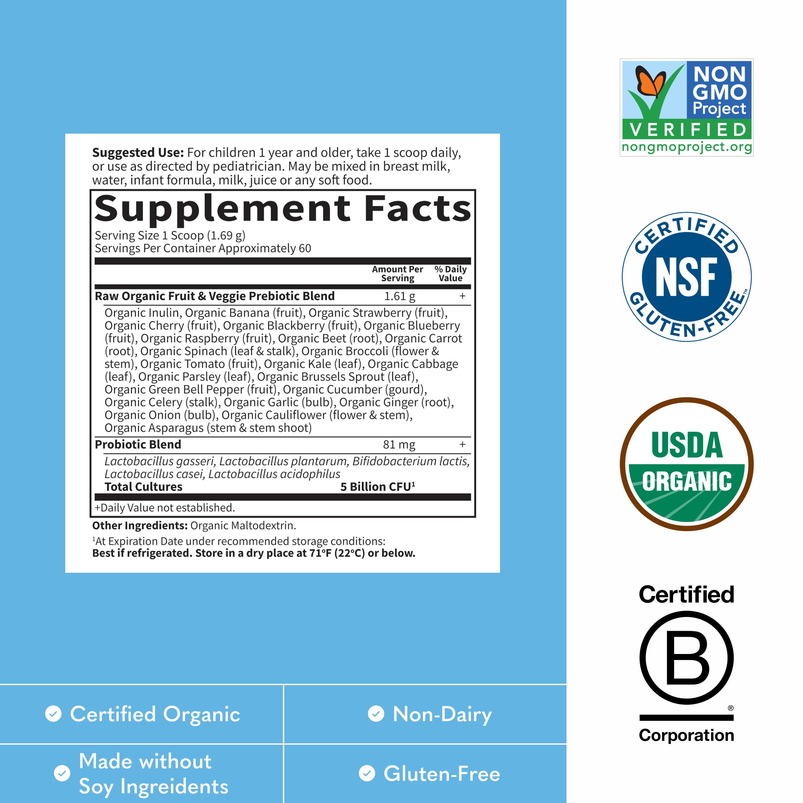 Garden of Life etiqueta con ingredientes orgánicos y certificaciones claras