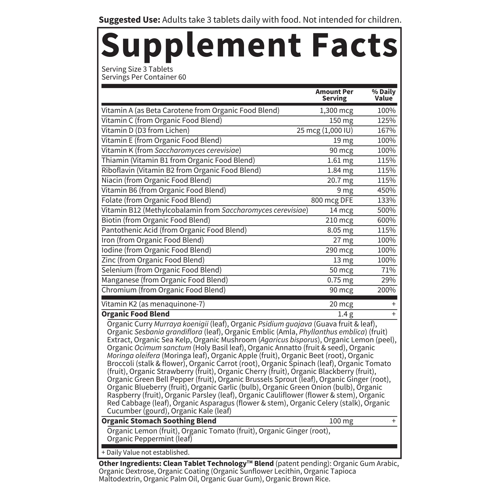 Garden of Life etiqueta nutricional destacando folato, D3 y hierro clave