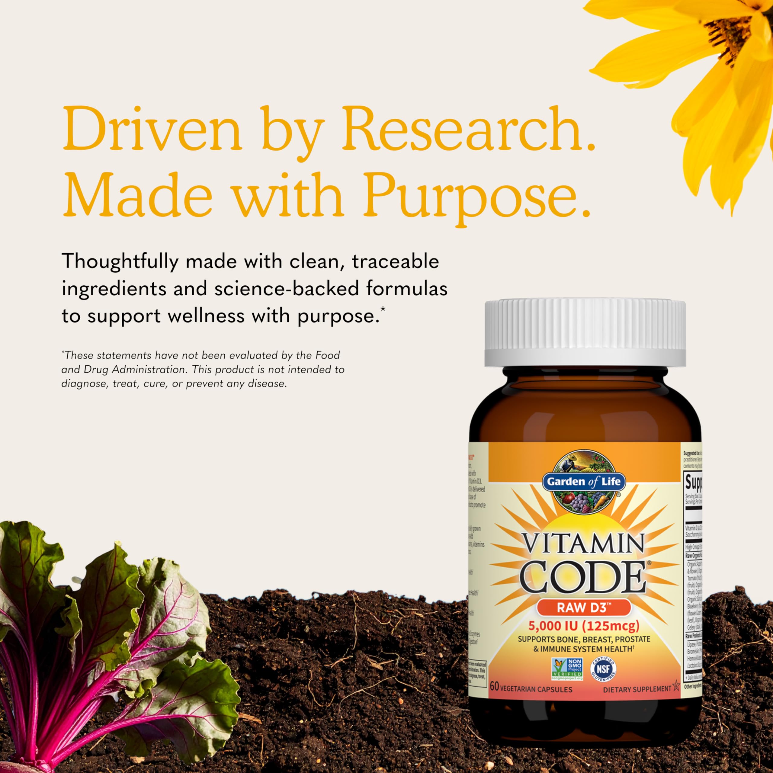 Garden of Life etiqueta nutricional con certificaciones Non-GMO y sin gluten visibles