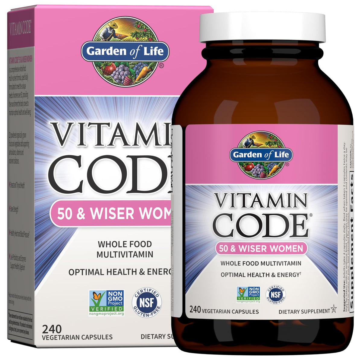 Garden of Life frasco frontal de 240 cápsulas, apoyo nutritivo para mujeres 50+