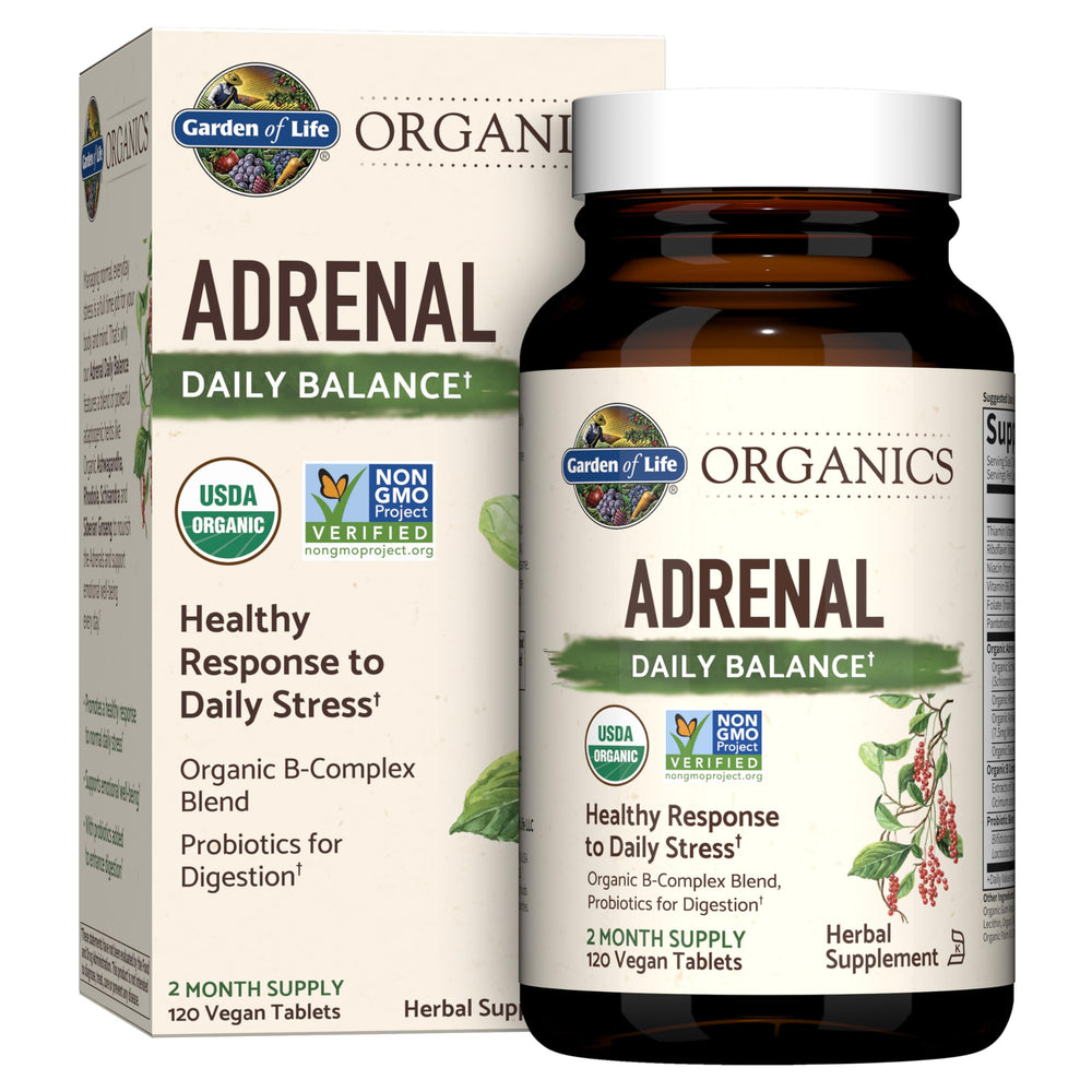 Garden of Life frasco frontal de Adrenal Daily Balance mostrando el envase y certificaciones