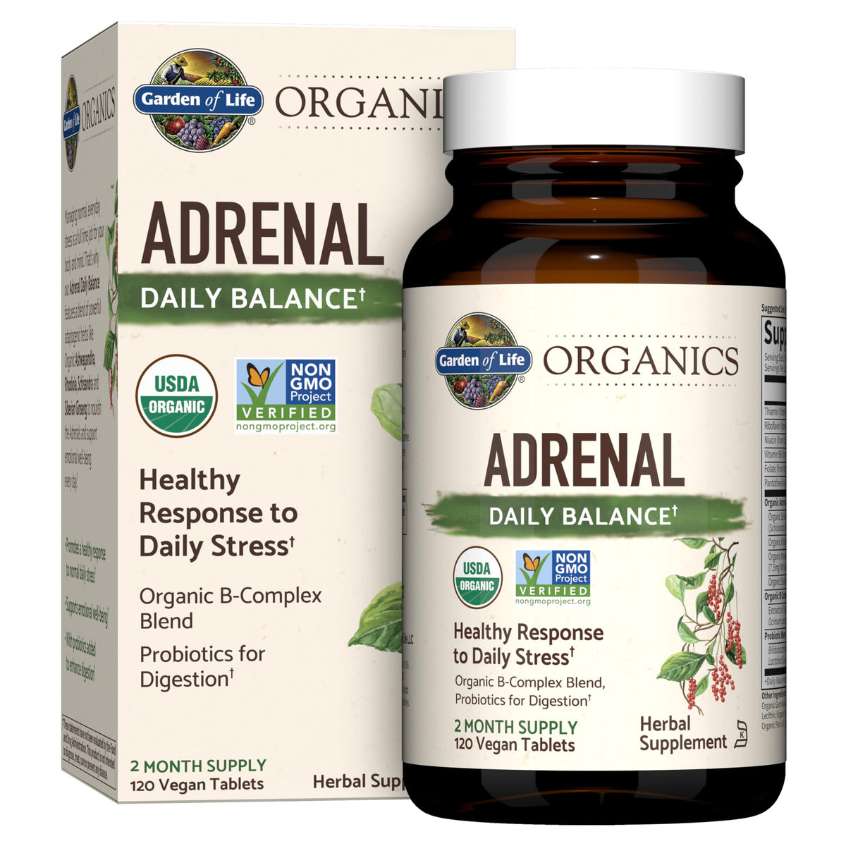 Garden of Life frasco frontal de Adrenal Daily Balance mostrando el envase y certificaciones