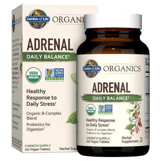 Garden of Life frasco frontal de Adrenal Daily Balance mostrando el envase y certificaciones