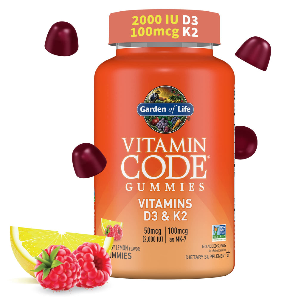 Garden of Life frasco frontal de Vitamin Code D3 y K2 mostrando el envase y beneficios