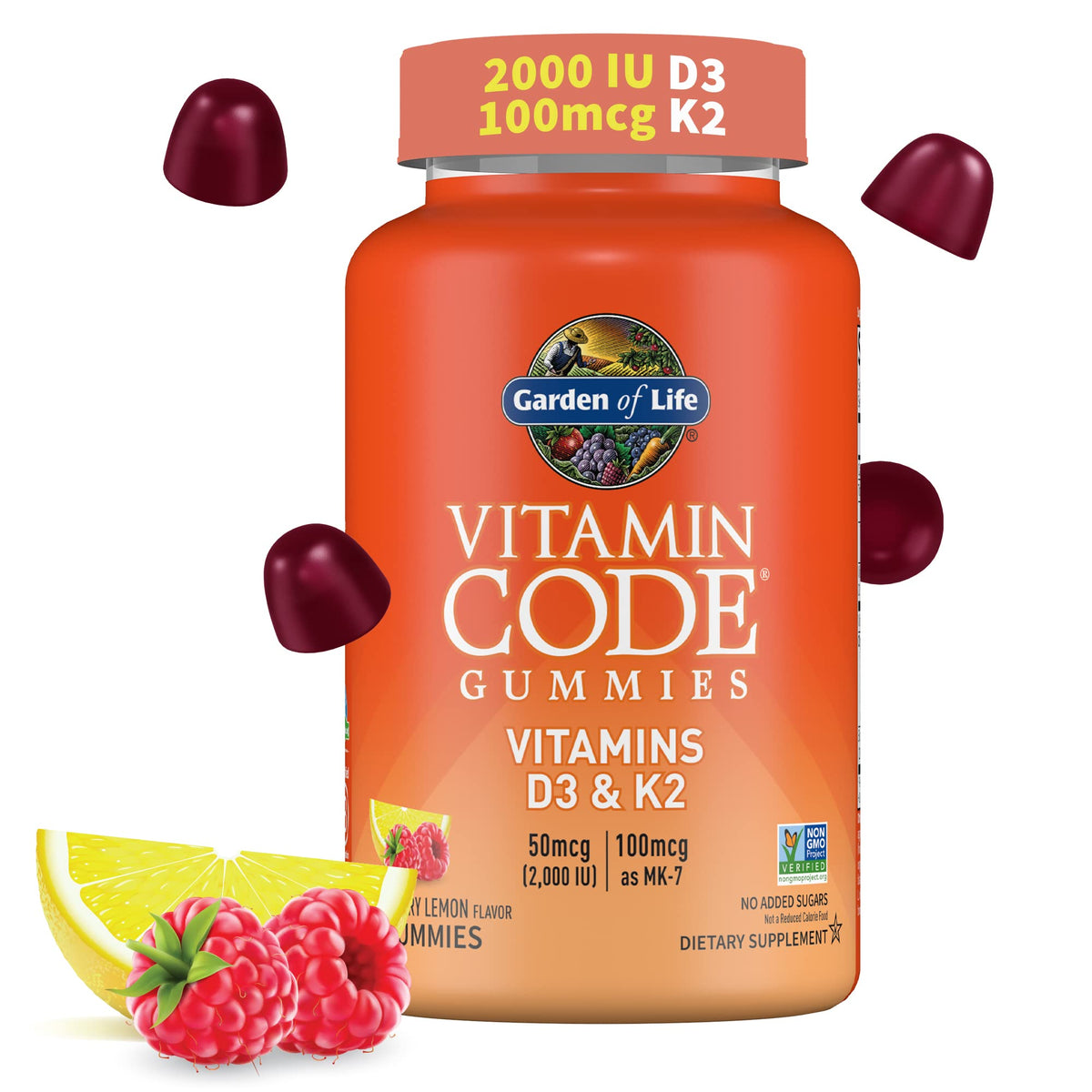 Garden of Life frasco frontal de Vitamin Code D3 y K2 mostrando el envase y beneficios