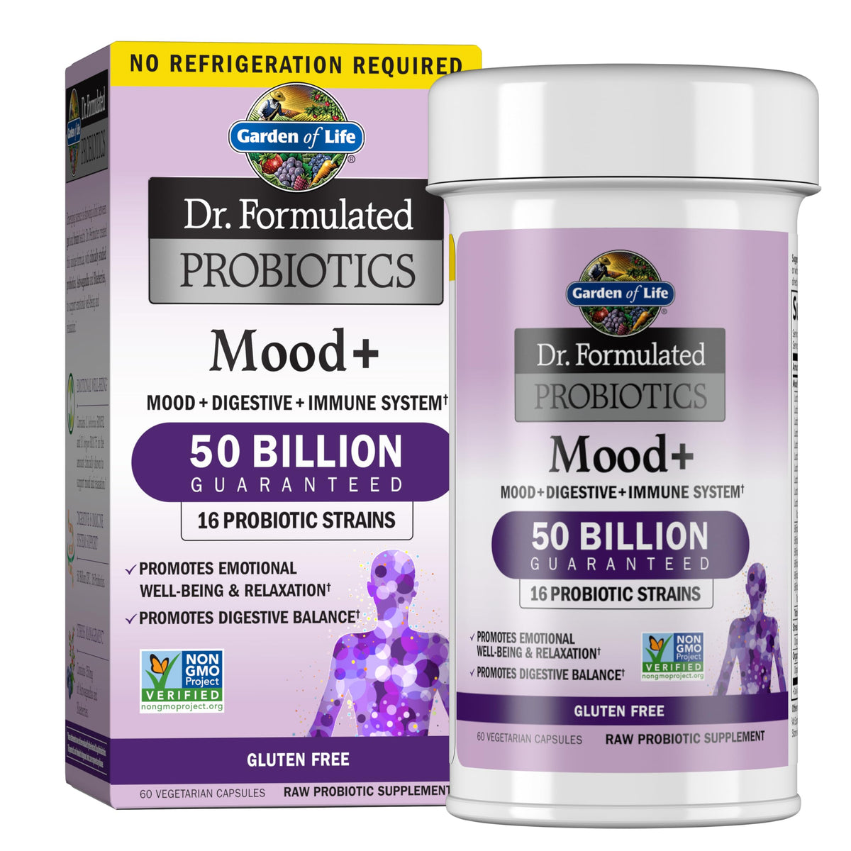Garden of Life frasco frontal Mood+ mostrando envase y beneficio emocional