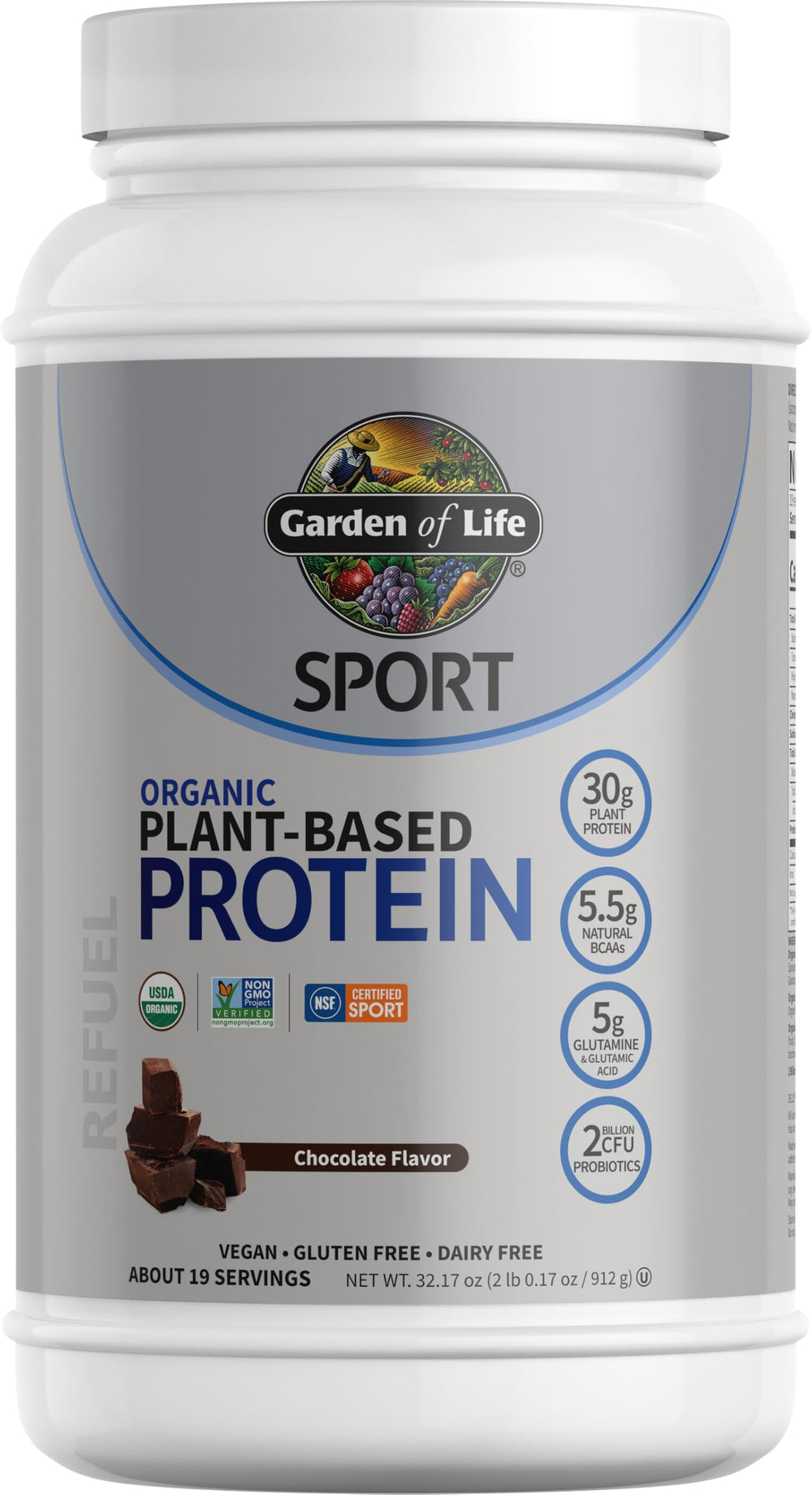 Garden of Life frente del envase chocolate mostrando certificaciones y beneficios