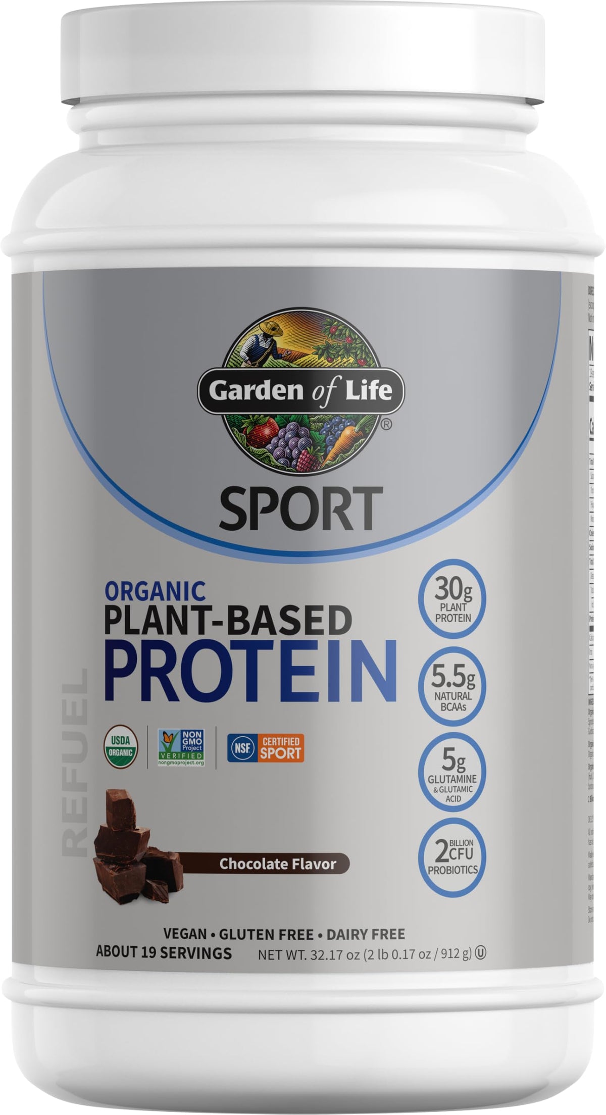 Garden of Life frente del envase chocolate mostrando certificaciones y beneficios