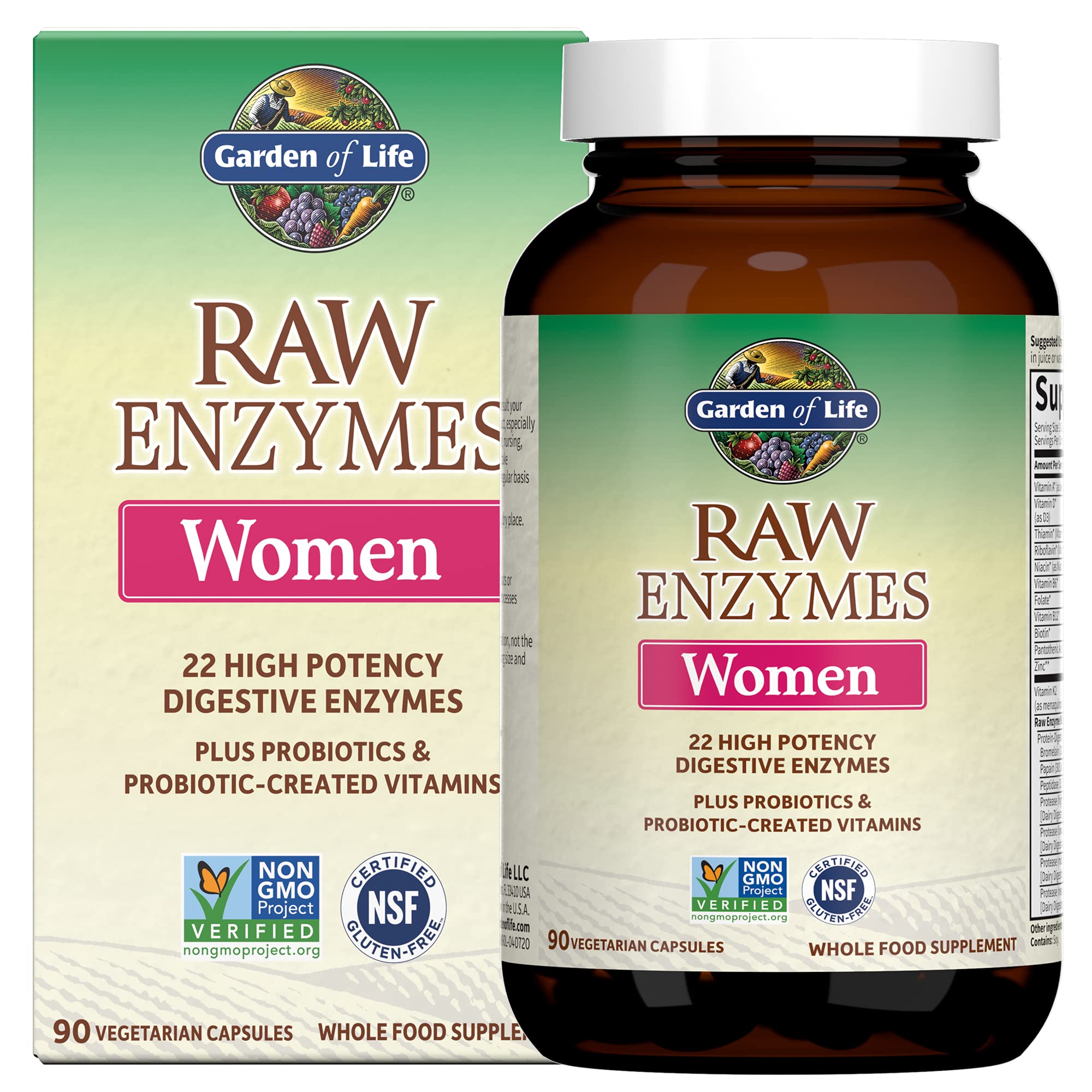 Garden of Life frasco frontal que muestra 90 cápsulas y la fórmula para mujeres