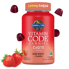 Garden of Life envase frontal de Vitamin Code CoQ10 gomitas, presentación clara y práctica