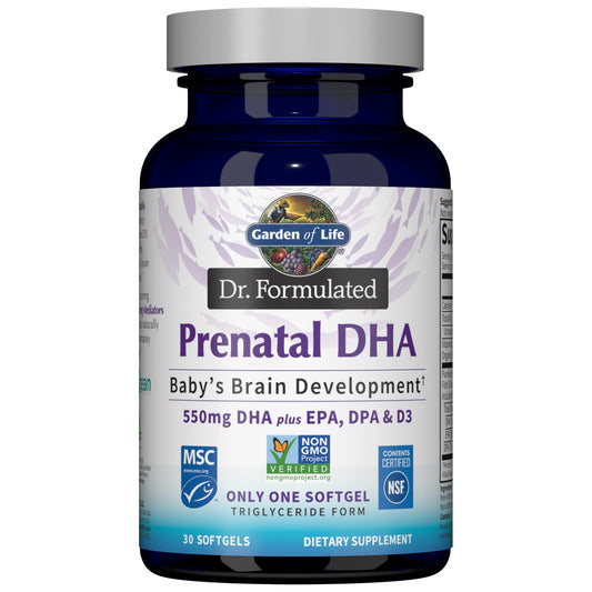 Garden of Life frente del envase prenatales con información clara de beneficios