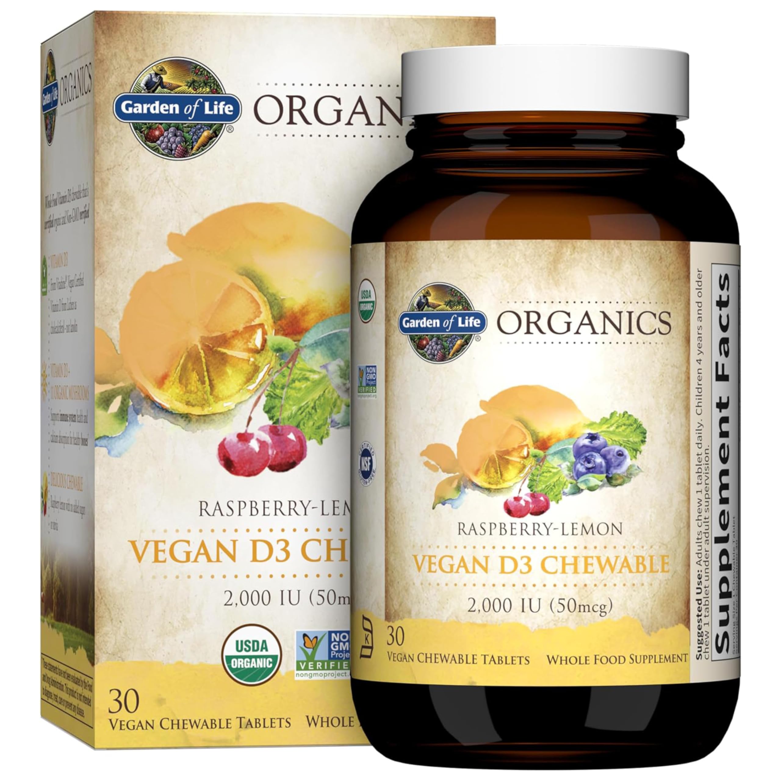 Garden of Life frente del envase mostrando el sello orgánico y beneficio vegano