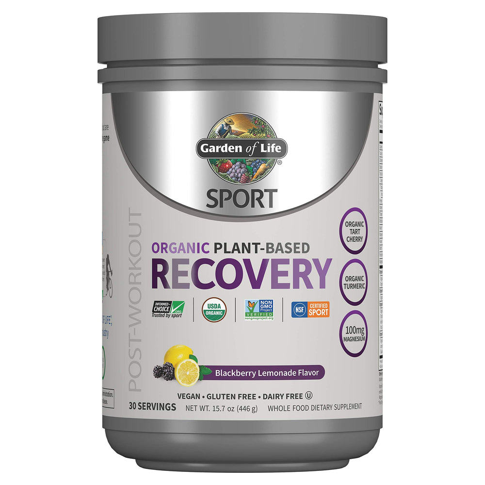 Garden of Life envase frontal mostrando tamaño y sabor beneficios para recuperación