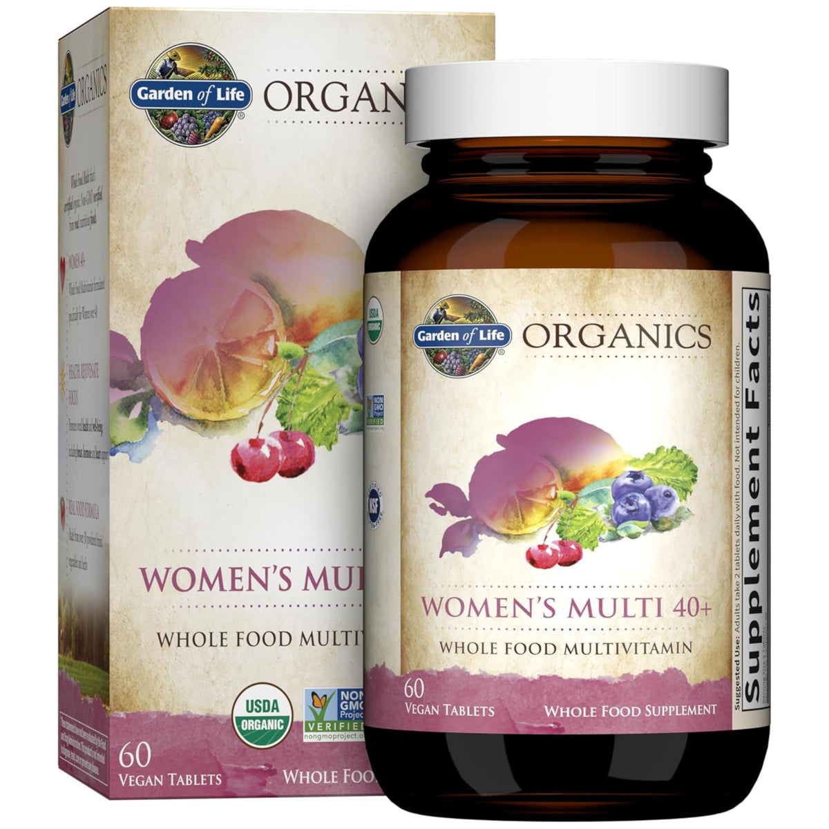 Garden of Life frasco frontal con diseño claro y beneficios visibles