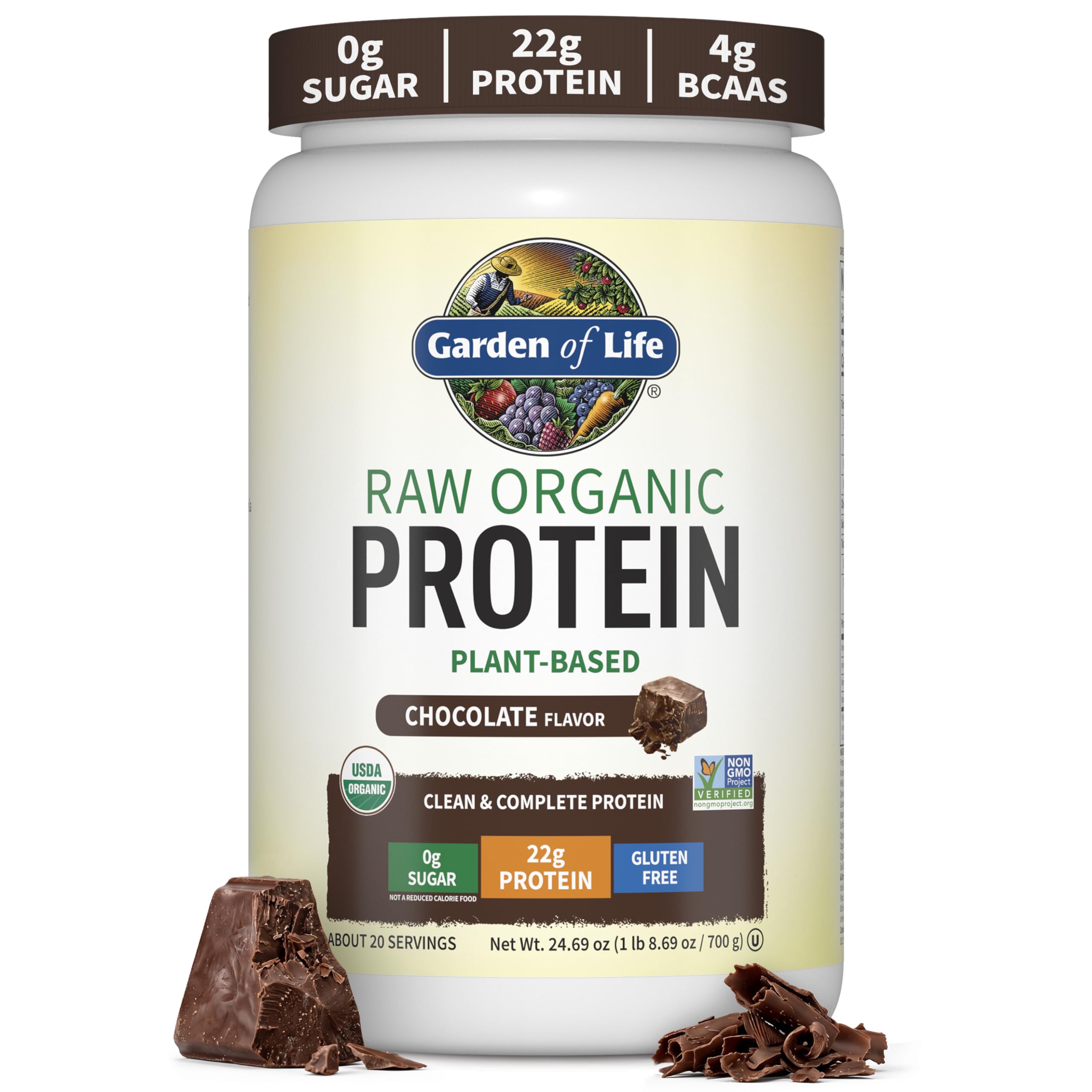 Garden of Life envase frontal mostrando sabor chocolate y beneficios