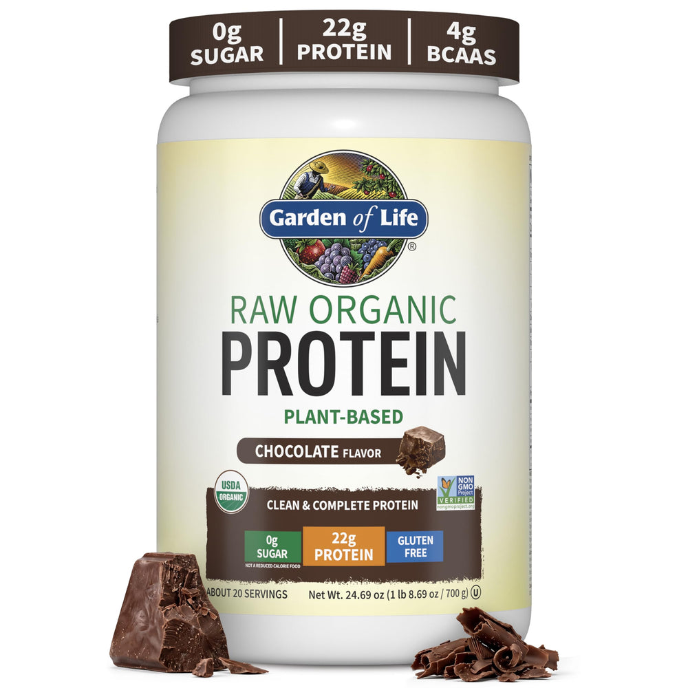 Garden of Life envase frontal mostrando sabor chocolate y beneficios