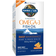 Garden of Life frente del envase mostrando 60 softgels y sabor naranja