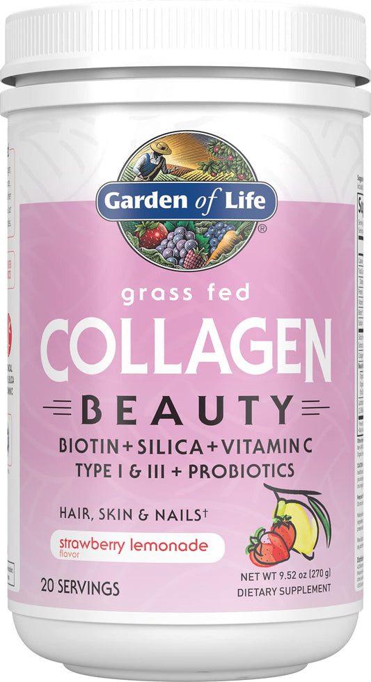 Garden of Life frente del envase mostrando sabor Strawberry Lemonade y porciones
