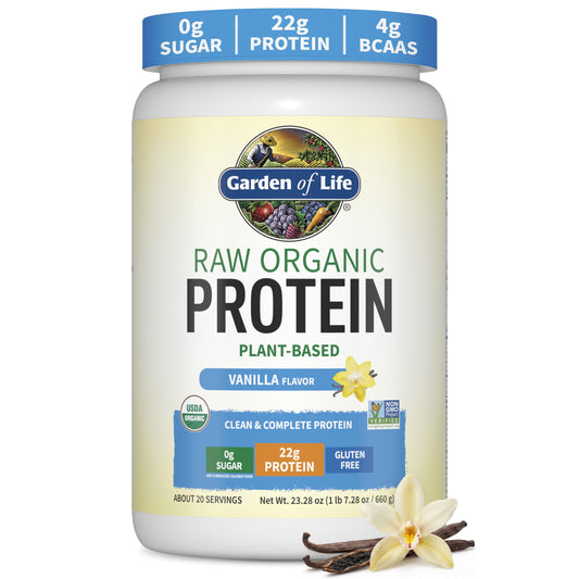 Garden of Life envase frontal mostrando sabor vainilla y beneficios