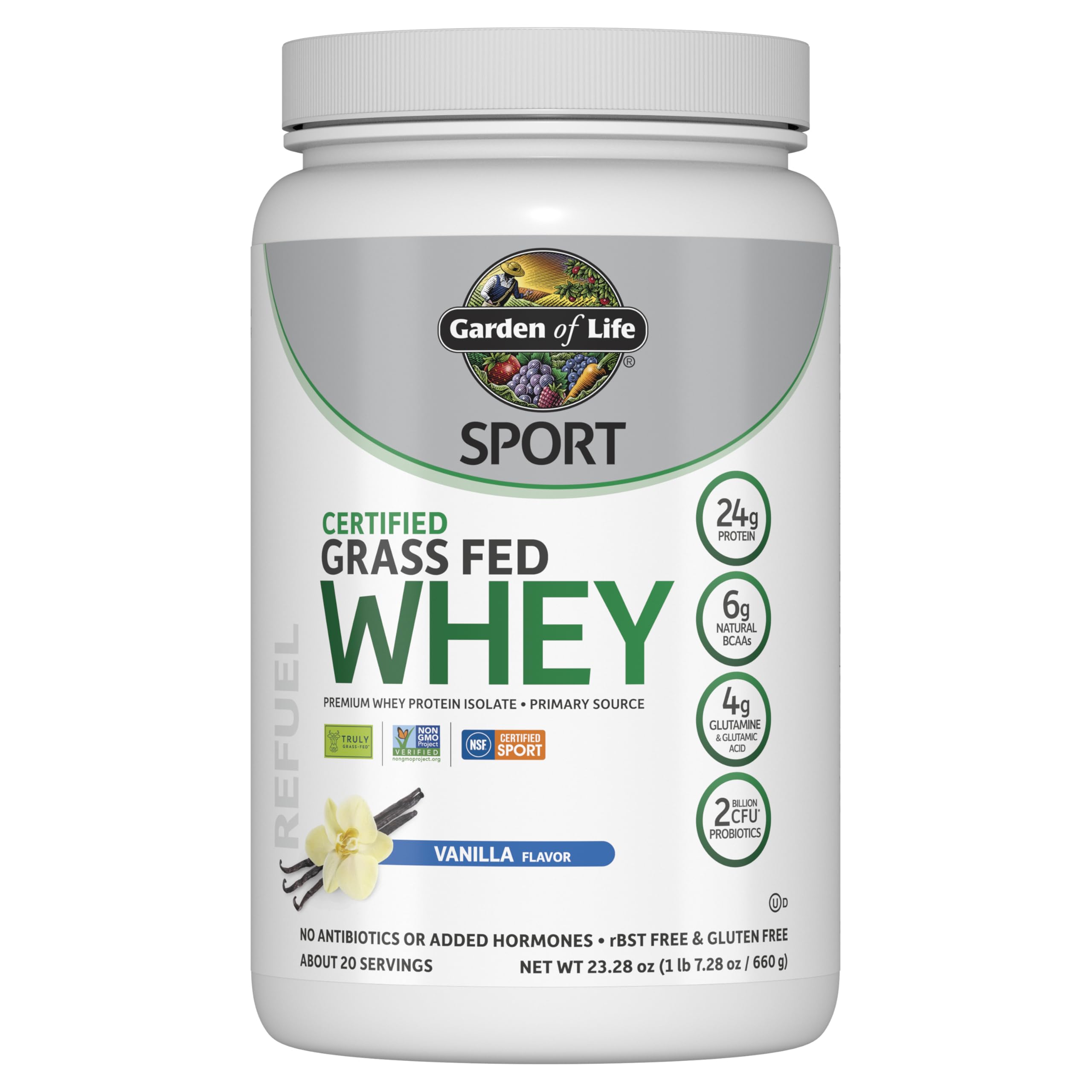 Garden of Life envase frontal vainilla mostrando certificaciones y beneficios