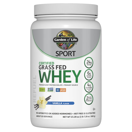 Garden of Life envase frontal vainilla mostrando certificaciones y beneficios