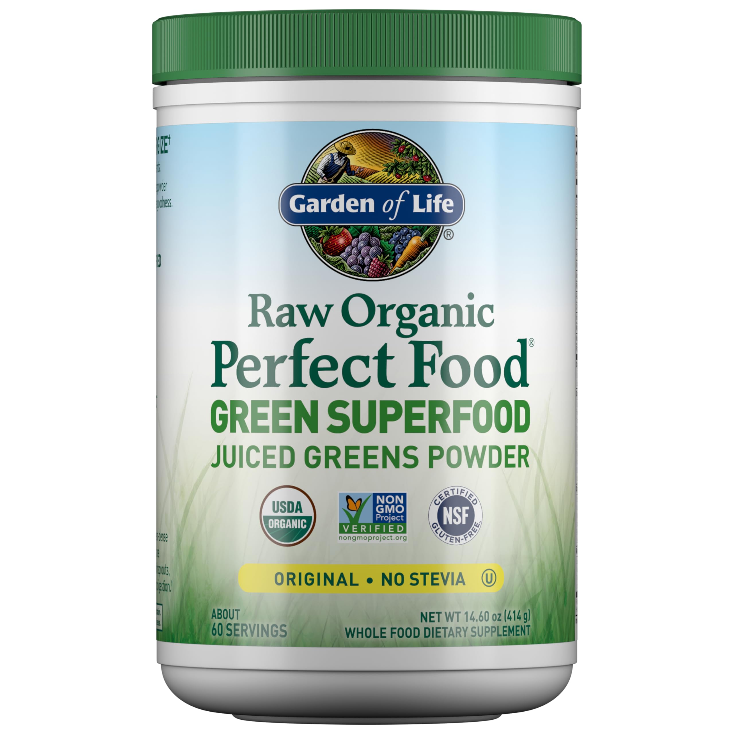 Garden of Life frasco frontal mostrando el envase y beneficios