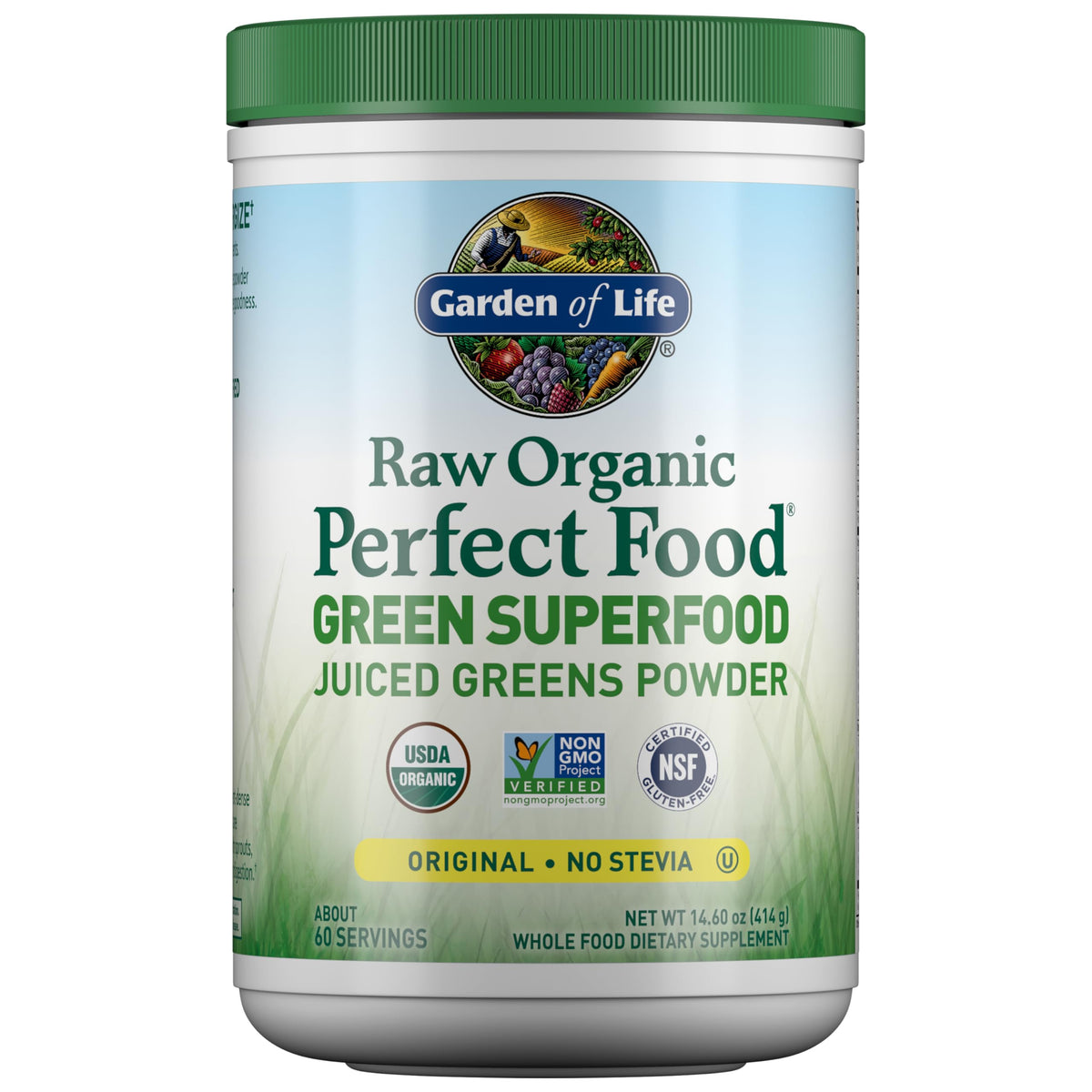Garden of Life frasco frontal mostrando el envase y beneficios