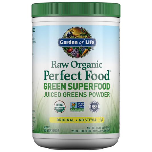 Garden of Life frasco frontal mostrando el envase y beneficios