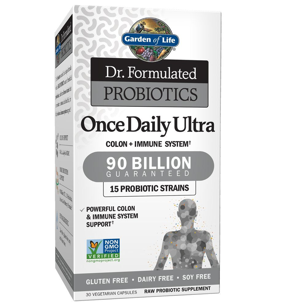 Garden of Life envase frontal Once Daily Ultra mostrando 90 mil millones para confianza