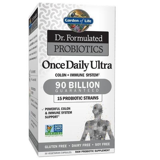 Garden of Life envase frontal Once Daily Ultra mostrando 90 mil millones para confianza
