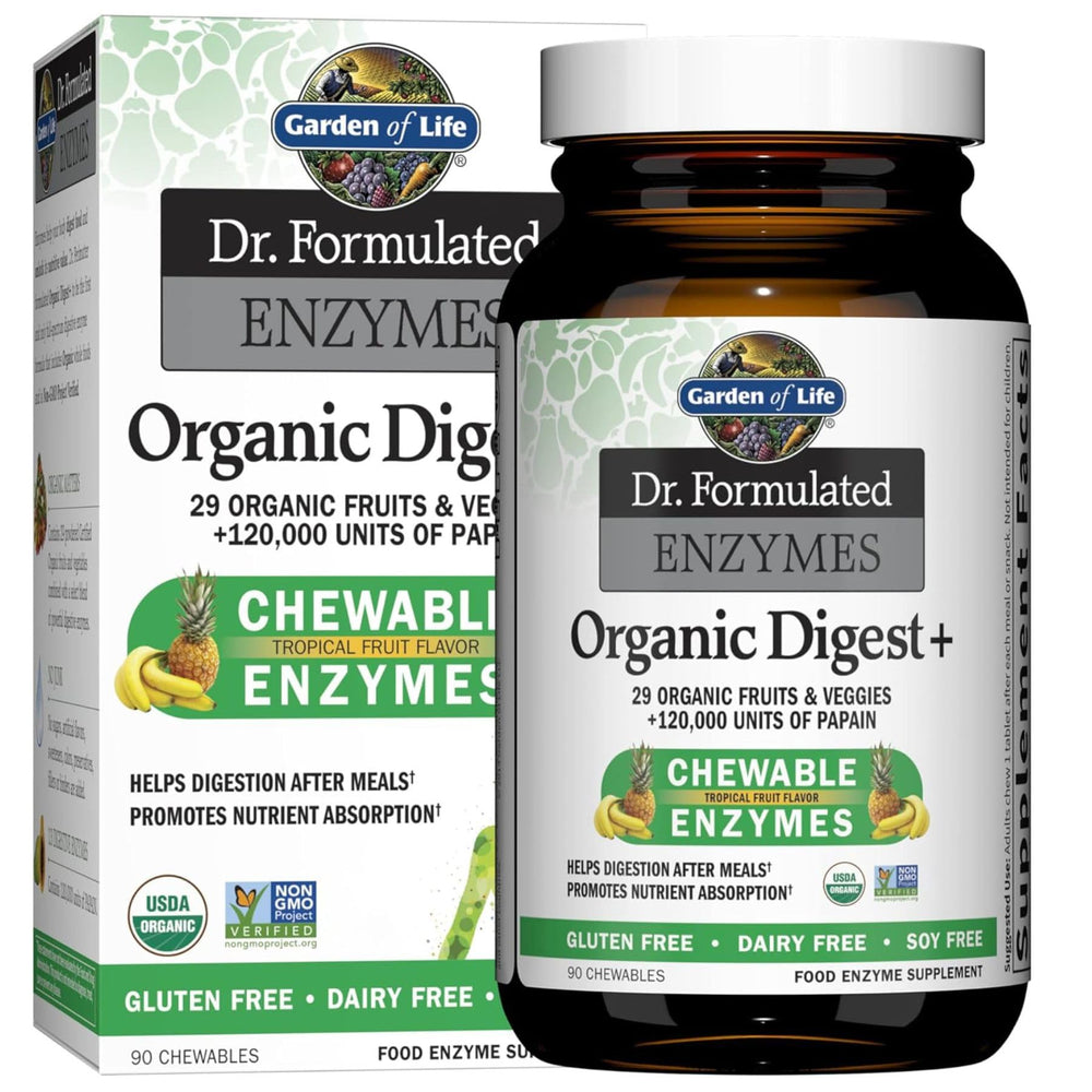 Garden of Life frasco frontal Digest+ mostrando etiqueta y beneficio digestivo
