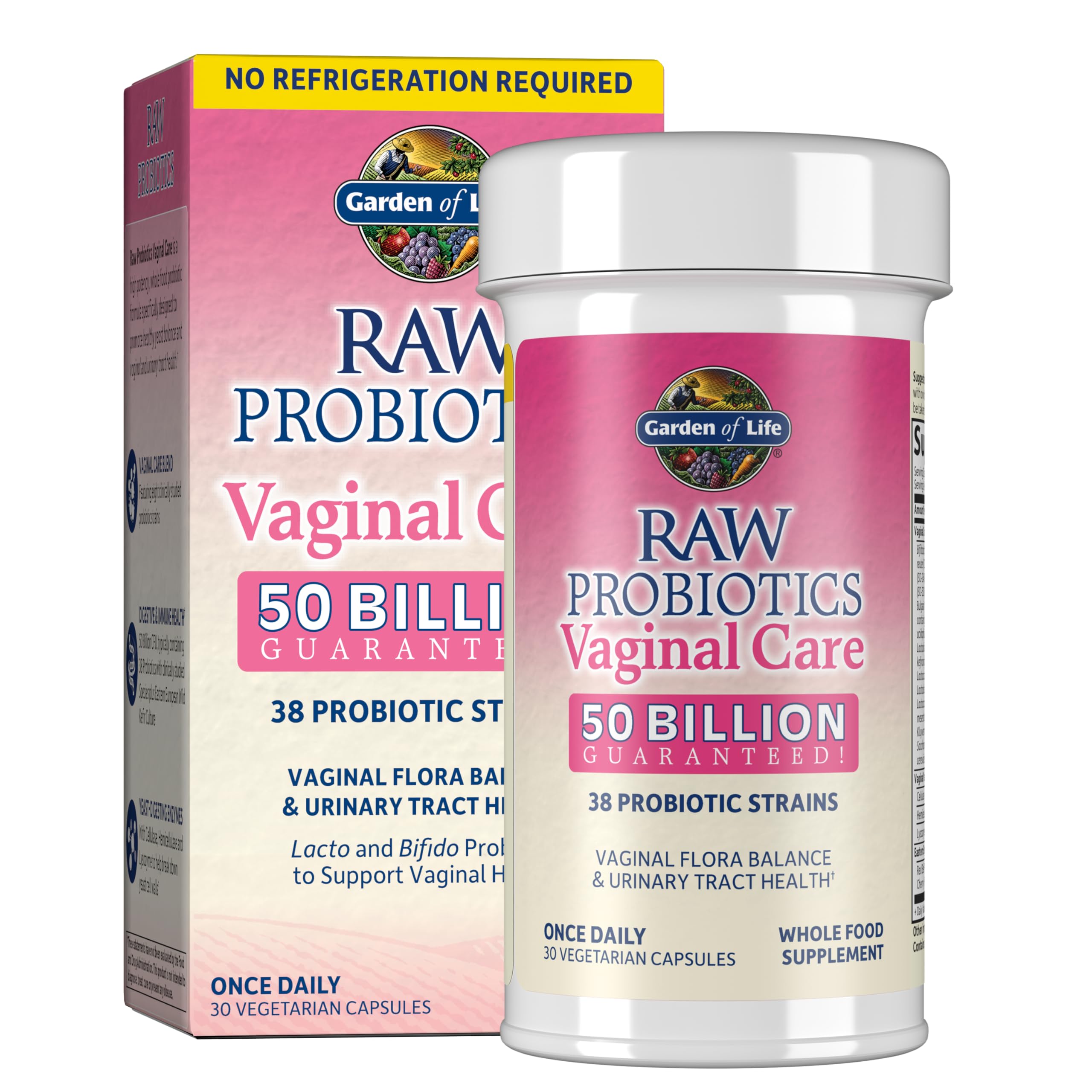 Garden of Life frasco frontal mostrando la etiqueta y beneficio de equilibrio vaginal
